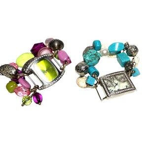 Set Of 2 Colorful Quartz Watch Bracelets Heavily Jeweled Gem Stainless Steel